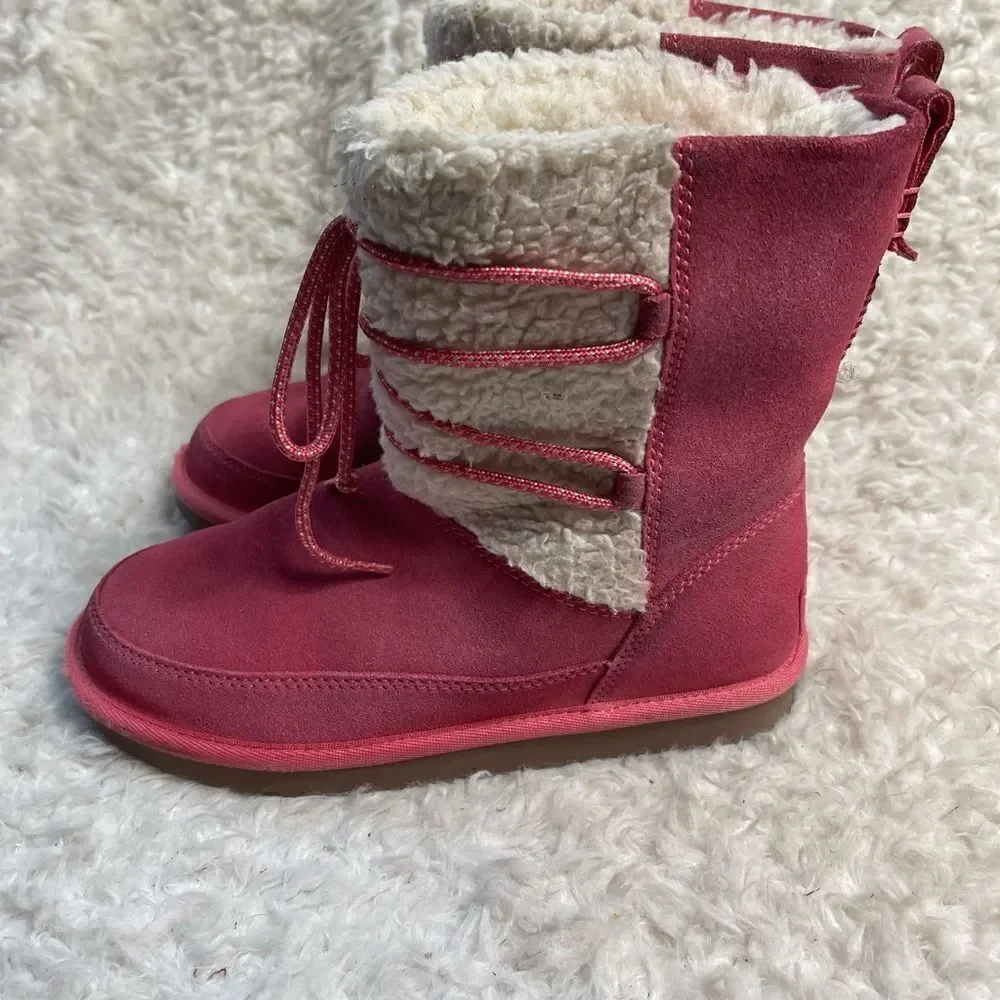 Kookaburra by UGG leather pink Girl winter boots beige fur lace up accent SZ3